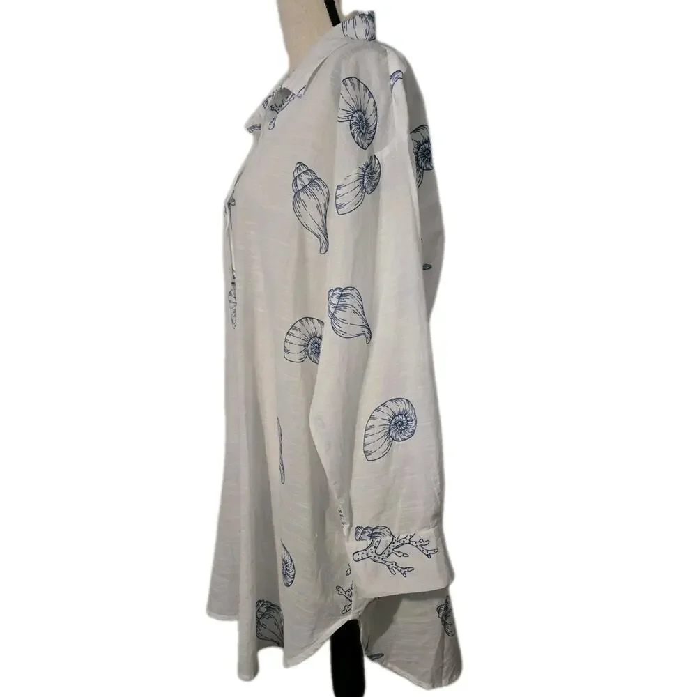 Women's Blue Island Blue/White Shells Top Tunic 100% Cotton Sz 3XL - Picture 3 of 7